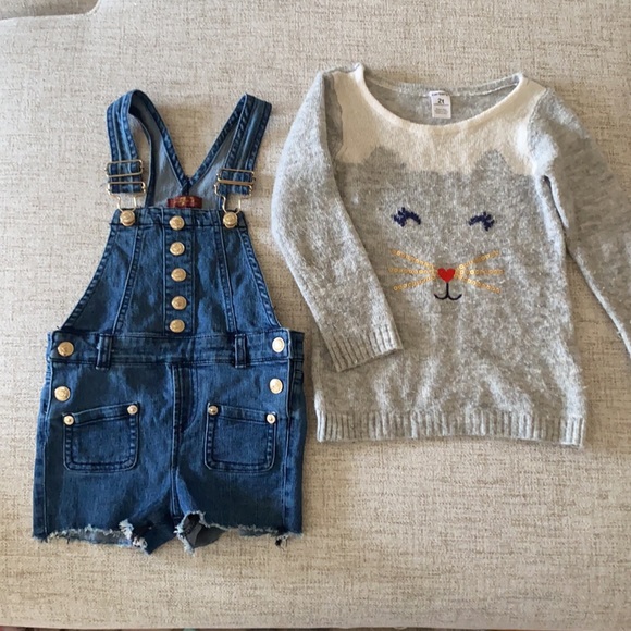 Button front denim overalls shorts and cat face fleece cozy sweater match set 2T - Picture 1 of 8